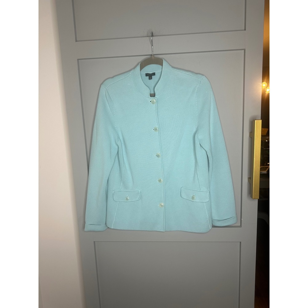 Talbots Womens‎ Medium Aqua Blue Button Front Mock Neck Knit Cardigan Sweater